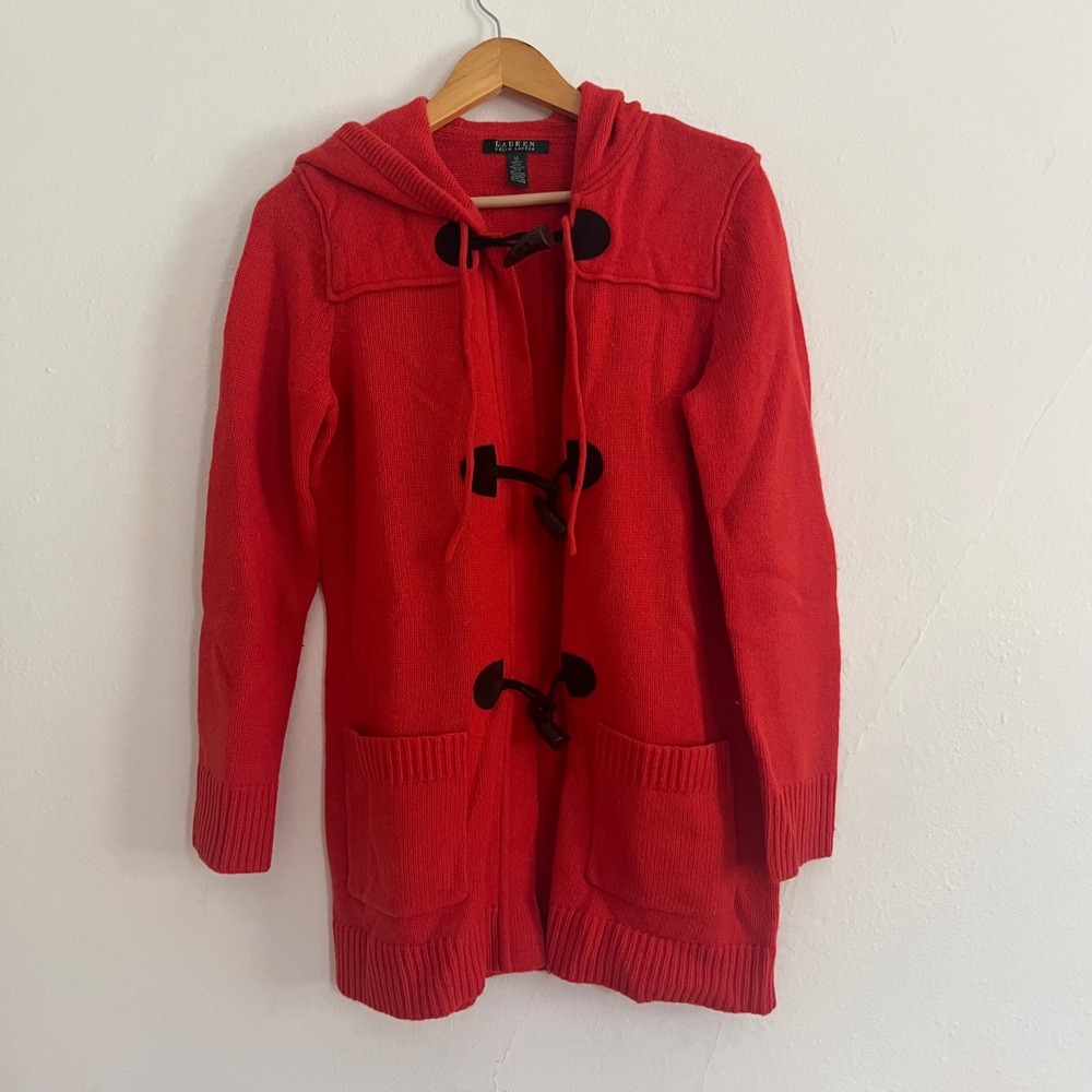 Lauren Ralph Lauren Women's Burnt Orange Hooded Toggle Lambswool Sweater Sz M